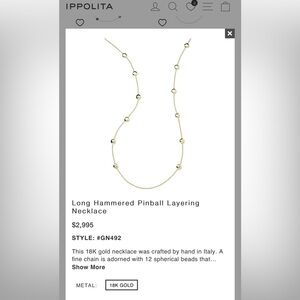NWOT Ippolita Long hammered necklace in 18K gold